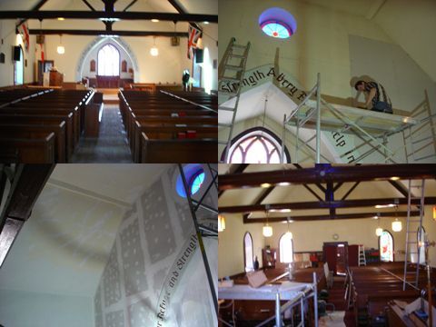 A collage of images of a church being remodeled