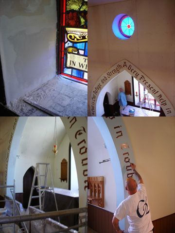 A collage of pictures shows a stained glass window and a man painting on a wall