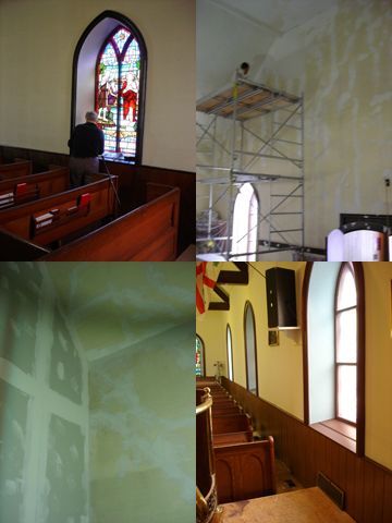 A collage of four pictures of a church under construction