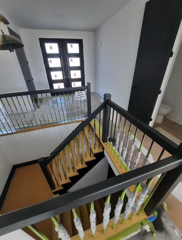 An aerial view of a staircase in a house under construction