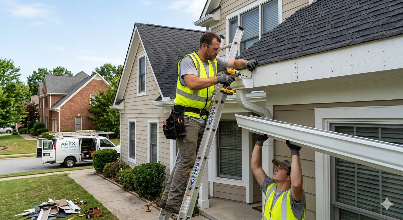 Two contractors installing white gutters on a two-story home.