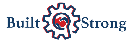 A logo for built strong with a gear and a hand.