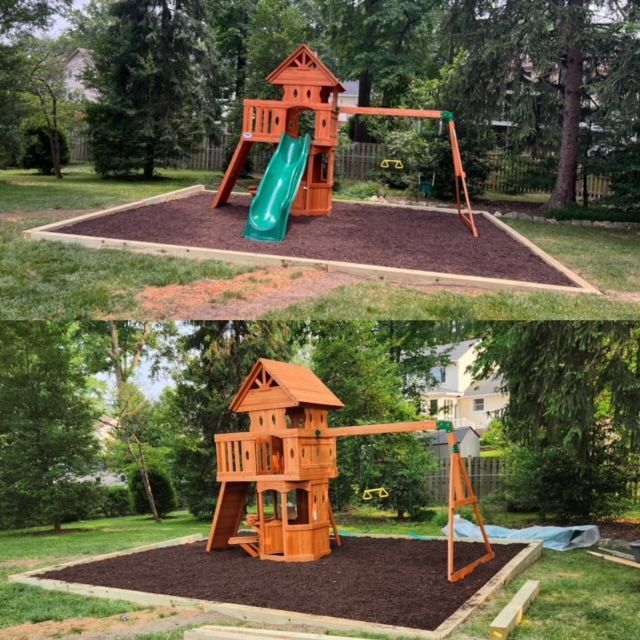A before and after picture of a playground with a slide.