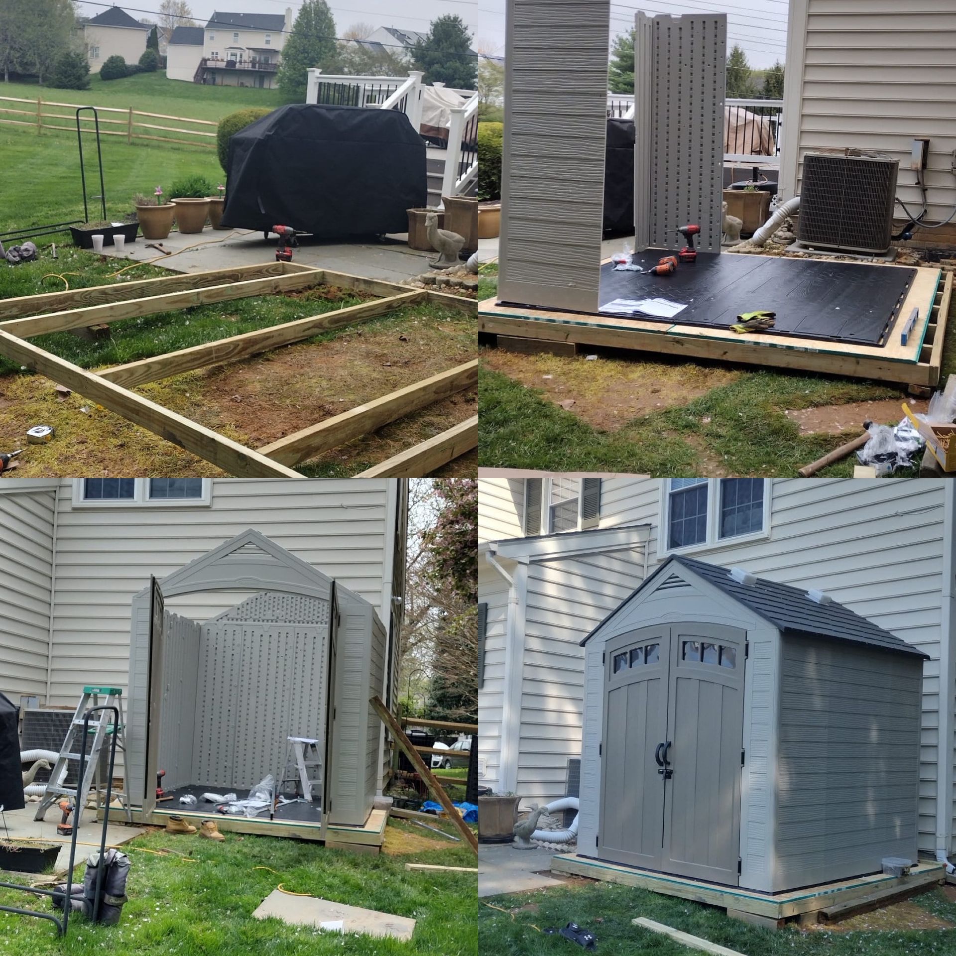 A shed is being built in the backyard of a house
