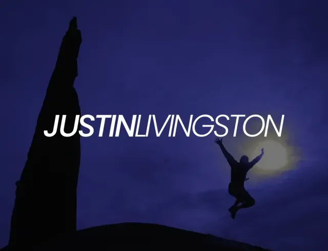 A justin livingston logo with a silhouette of a person jumping in the air