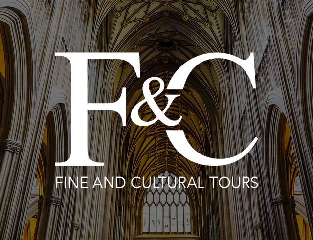 A logo for fine and cultural tours with a picture of a cathedral in the background.