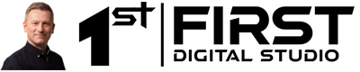 A logo for 1st first digital studio with a man in the background