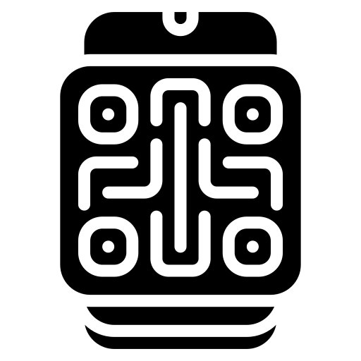 A black and white icon of a smart watch on a white background.