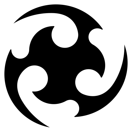 A black and white silhouette of a tribal symbol on a white background.