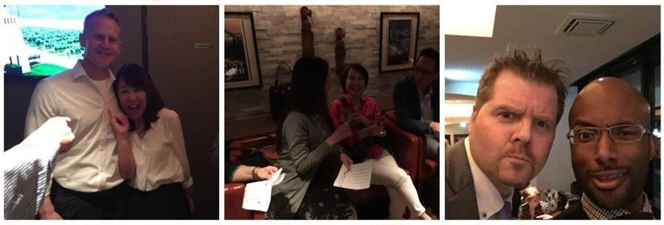 Three photos: people smiling, posing in a room, and interacting.