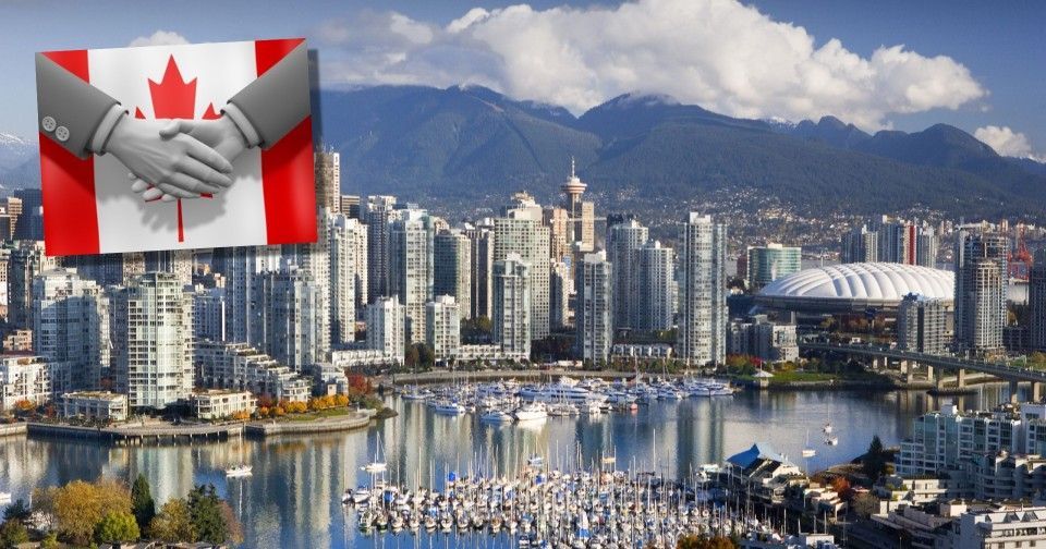 Canadian flag with handshake overlay, Vancouver skyline in background.