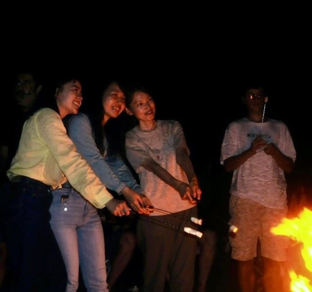 People roasting marshmallows around a campfire at night.