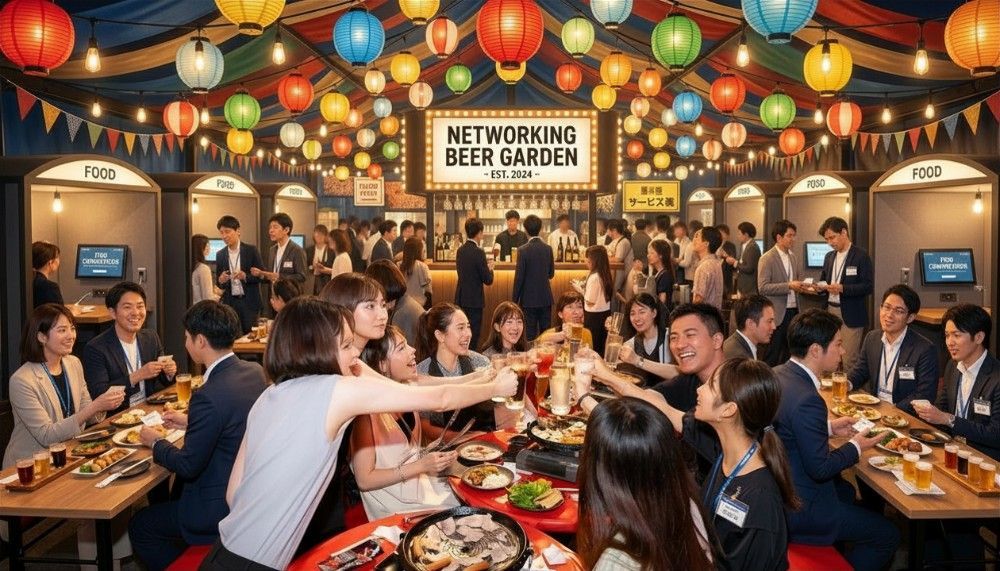 Ai image of people enjoying a beer garden with Korean BBQ
