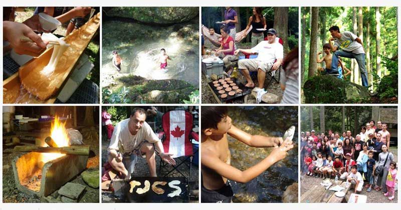 People camping and gathering outdoors around a fire, swimming, and socializing in a wooded area