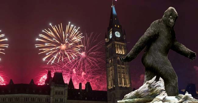 Bigfoot stands before Canadian Parliament buildings with fireworks.