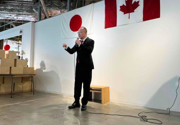 Mayor Ishiguro of Kasugai delivering a speech at a Canada Fair in Kasugai City, Japan.