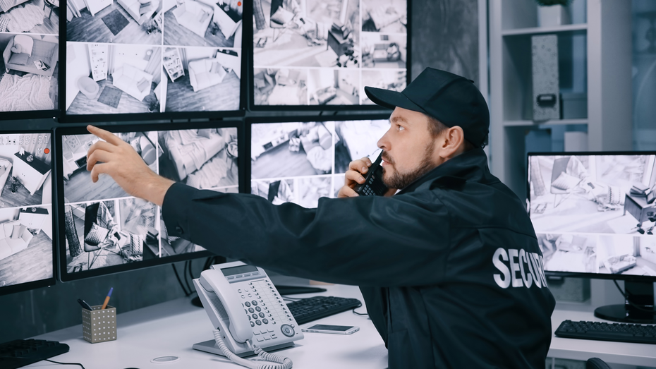 a security guard is talking on a cell phone while looking at a bunch of monitors .