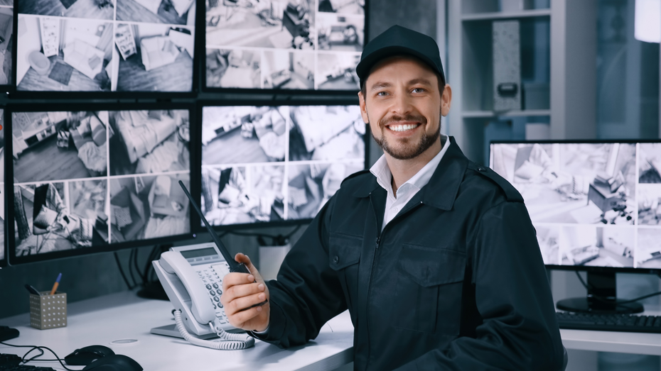 a security guard is sitting at a desk holding a radio .