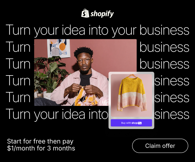 Shopify coupon with a man, clothing product, and text: “Turn your idea into your business” and “Claim offer.”
