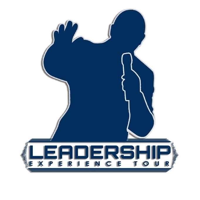 a leadership experience tour logo with a silhouette of a man holding a microphone