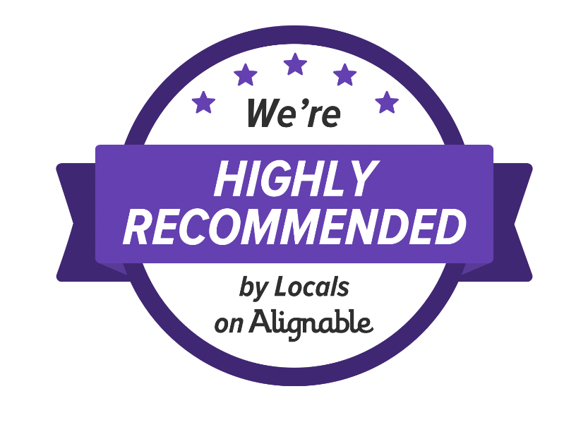 a purple badge that says we 're highly recommended by locals on alignable