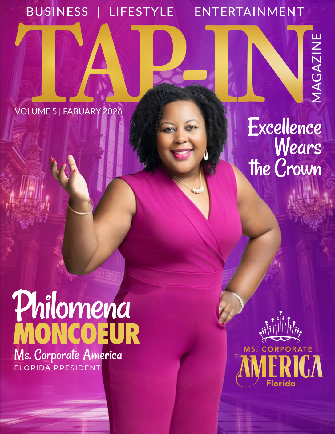 Tap-In Magazine cover featuring Philomena Moncoeur, Ms. Corporate America Florida, in a magenta jumpsuit.