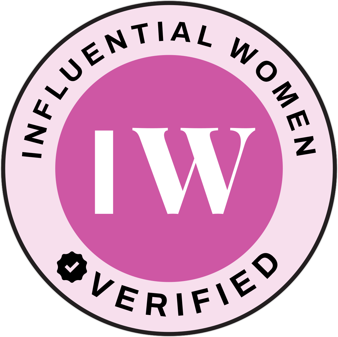 Pink circular “Influential Women Verified” badge with IW initials in the center.
