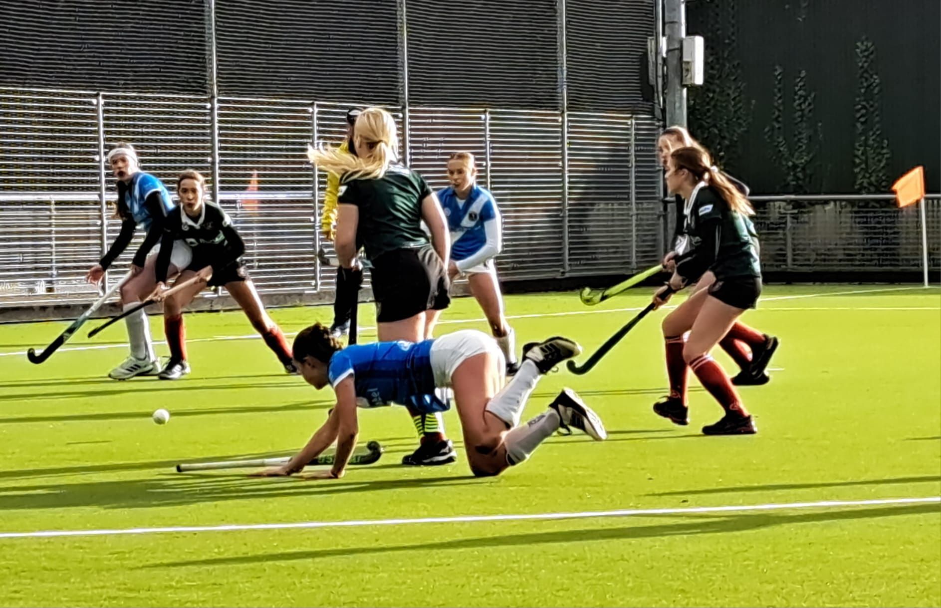 Hockeyende mannen op een waterveld