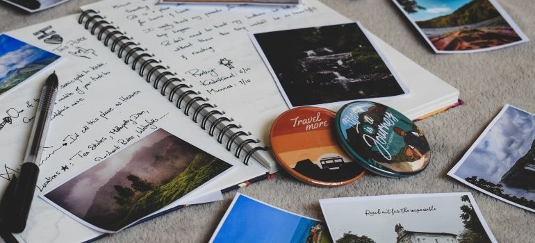 photos and badges on the table