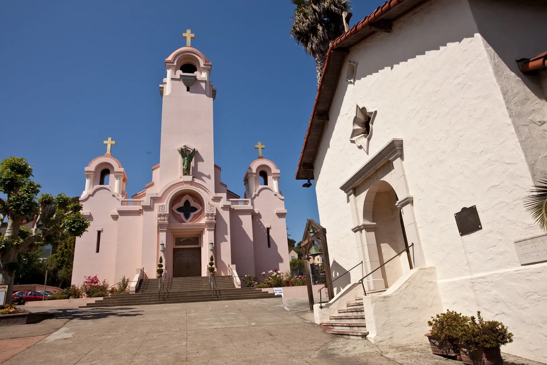 Historic Mission San Rafael Arcángel in downtown San Rafael, California, with Spanish-style architec