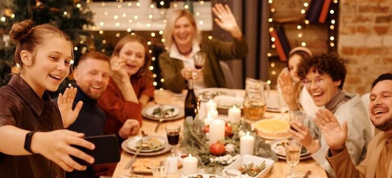 A family enjoying a festive dinner