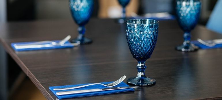 ornate blue glasses on a table