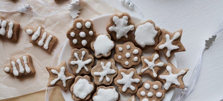 Overhead shot of gingerbread cookies on a plate