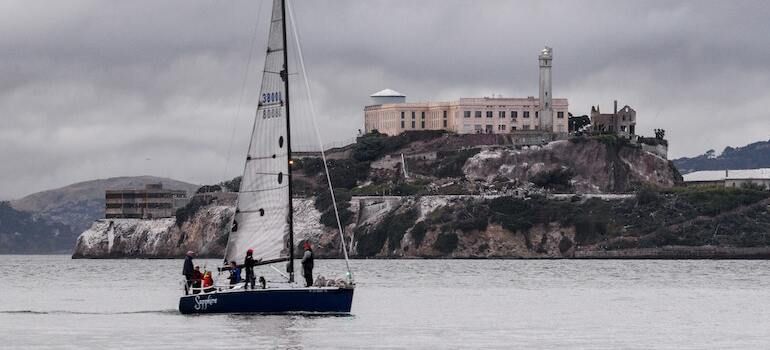 A sailing ship in front of Alcatraz