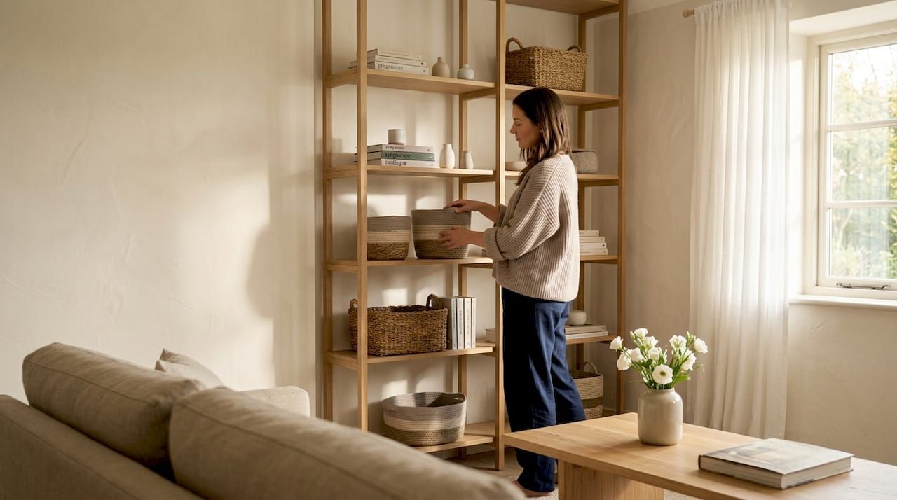 Woman organising household items on shelving to maximise storage space