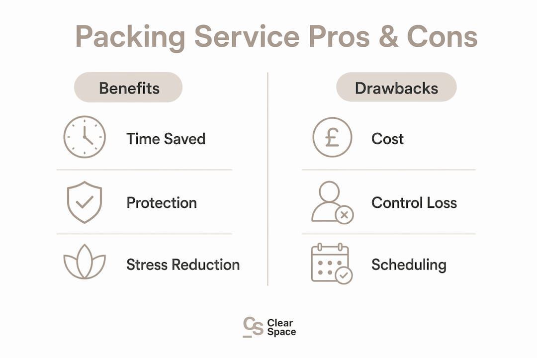Infographic comparing the benefits and drawbacks of using a professional packing service