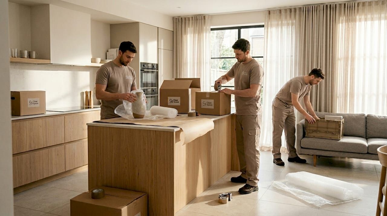 Family packing moving boxes and preparing for a house move