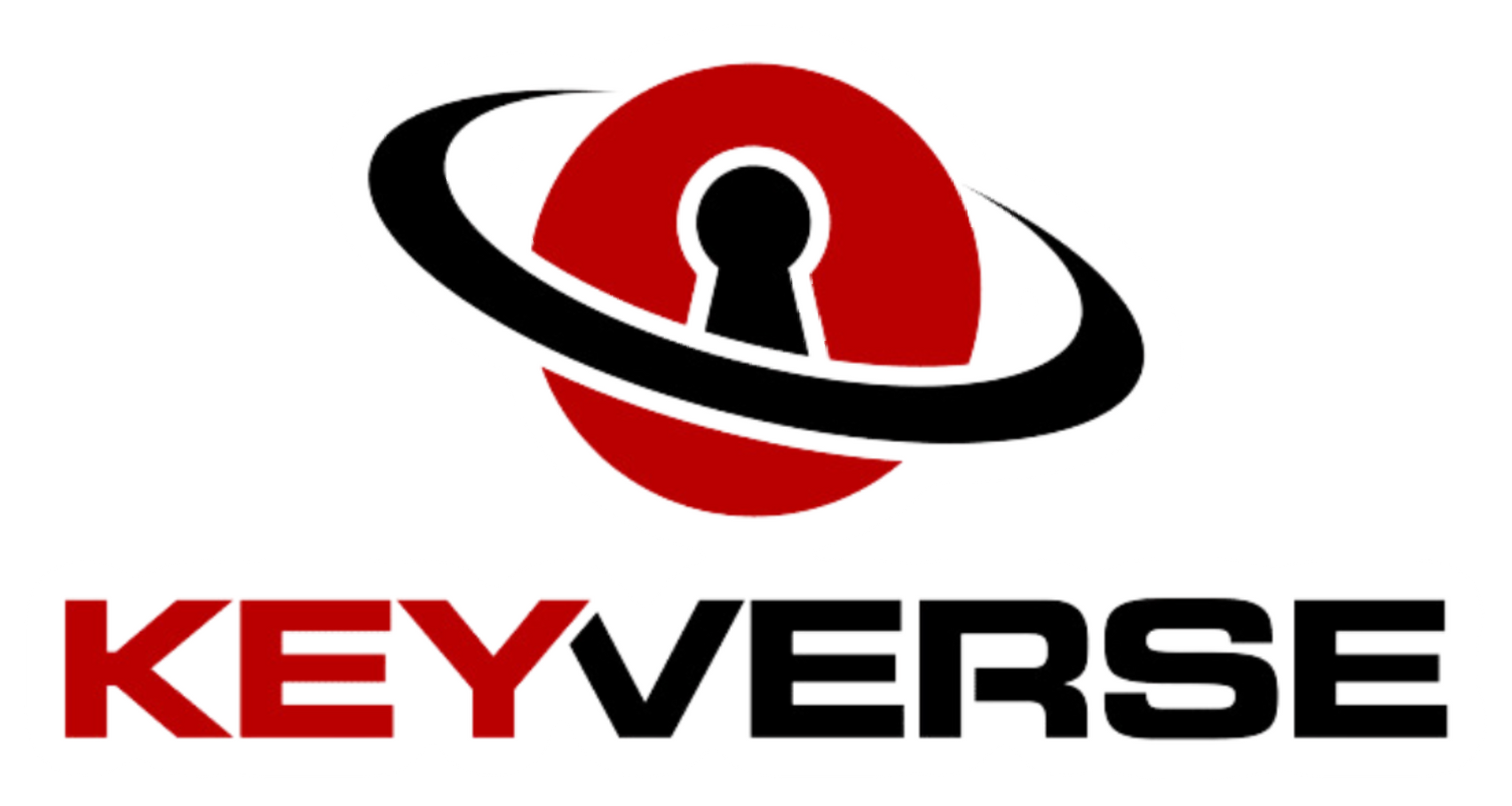 A red and black logo for keyverse with a keyhole in the middle