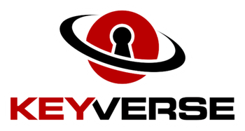 A red and black logo for keyverse with a keyhole in the middle