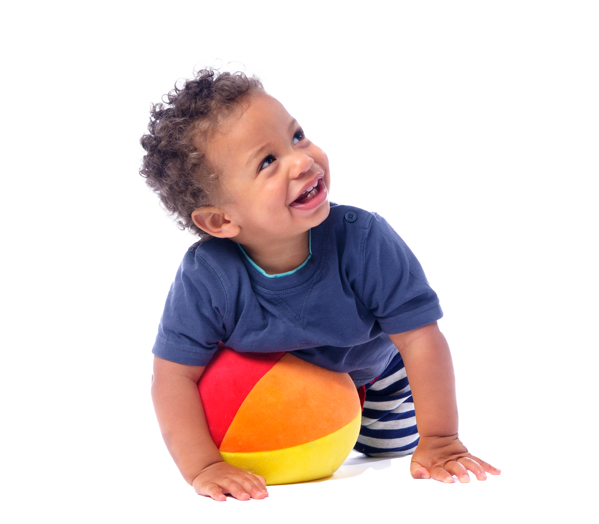 Smiling toddler on hands and knees with colorful ball, looking upwards. Smiling toddler on hands and knees with colorful ball, looking upwards.