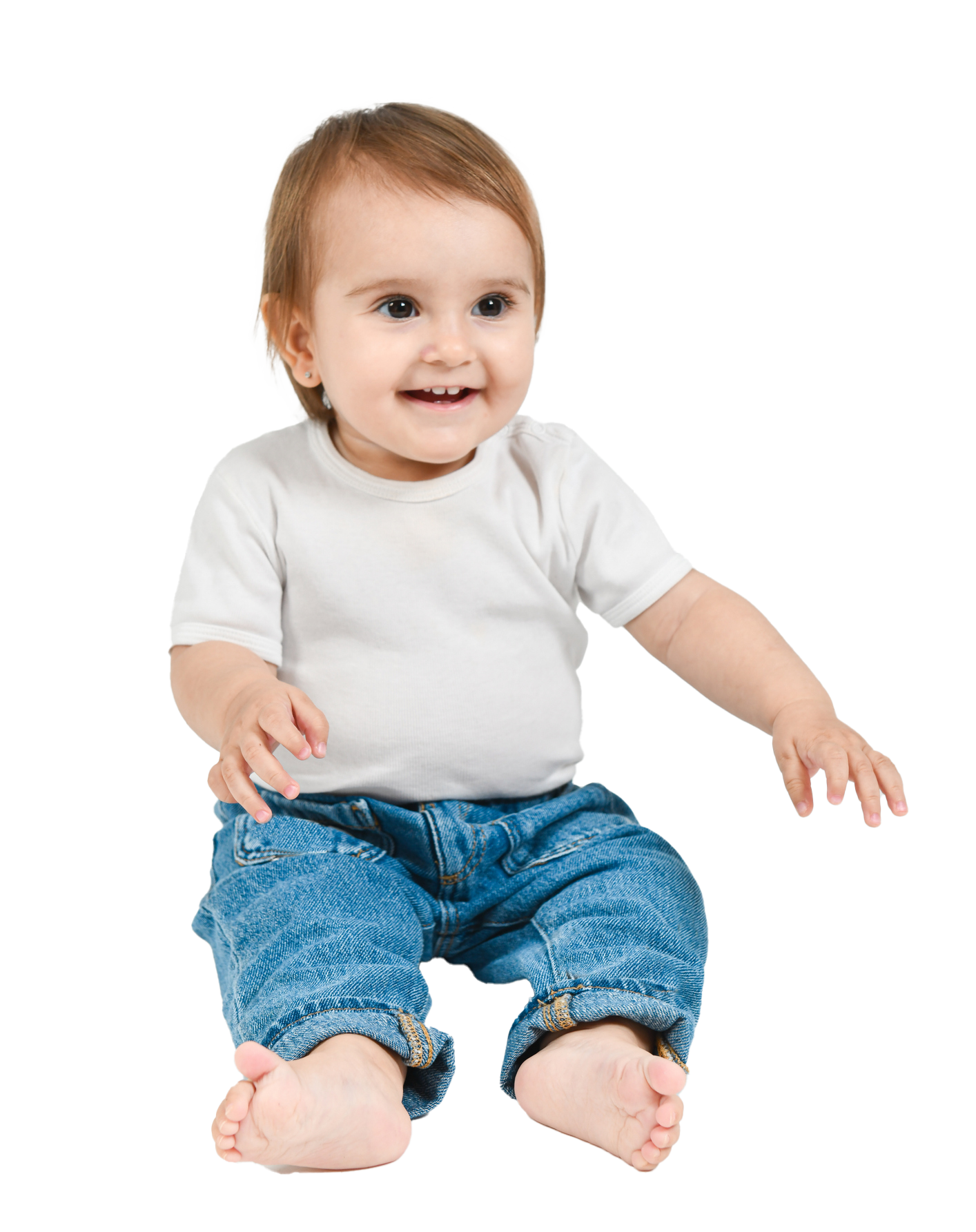 Smiling baby in white t-shirt and blue jeans, sitting with bare feet. Smiling baby in white t-shirt and blue jeans, sitting with bare feet.
