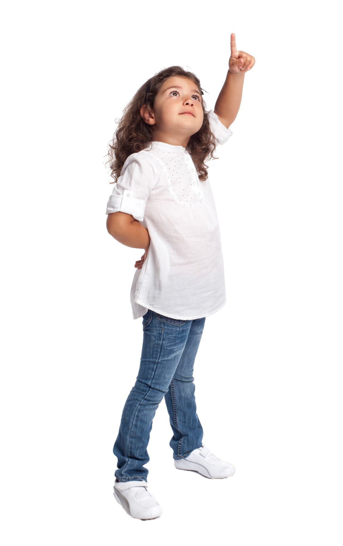 Girl points upward, wearing a white shirt and jeans, looking curious. Girl points upward, wearing a white shirt and jeans, looking curious.