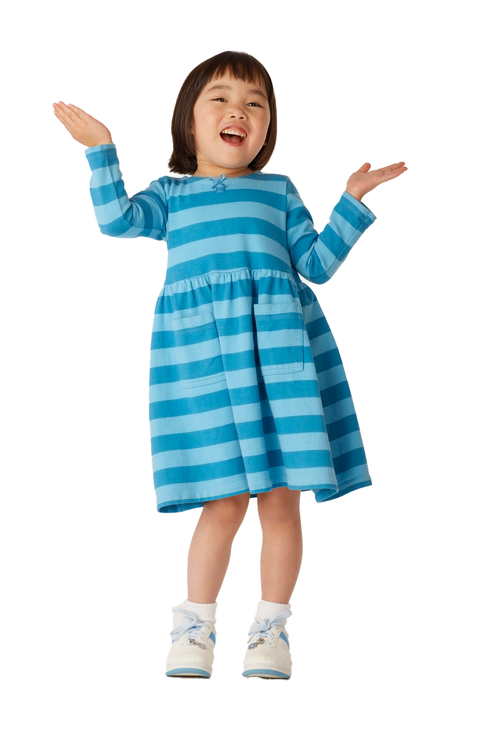 Girl in blue striped dress with arms raised and mouth open. Girl in blue striped dress with arms raised and mouth open.