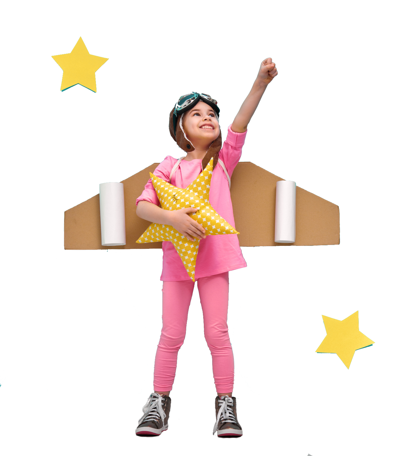 Girl in pink outfit and jetpack costume holds star, arm raised. Girl in pink outfit and jetpack costume holds star, arm raised.