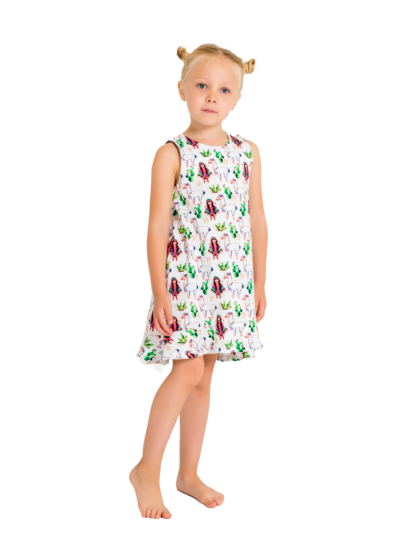 Girl wearing a patterned dress, standing barefoot, looking at the camera. Girl wearing a patterned dress, standing barefoot, looking at the camera.