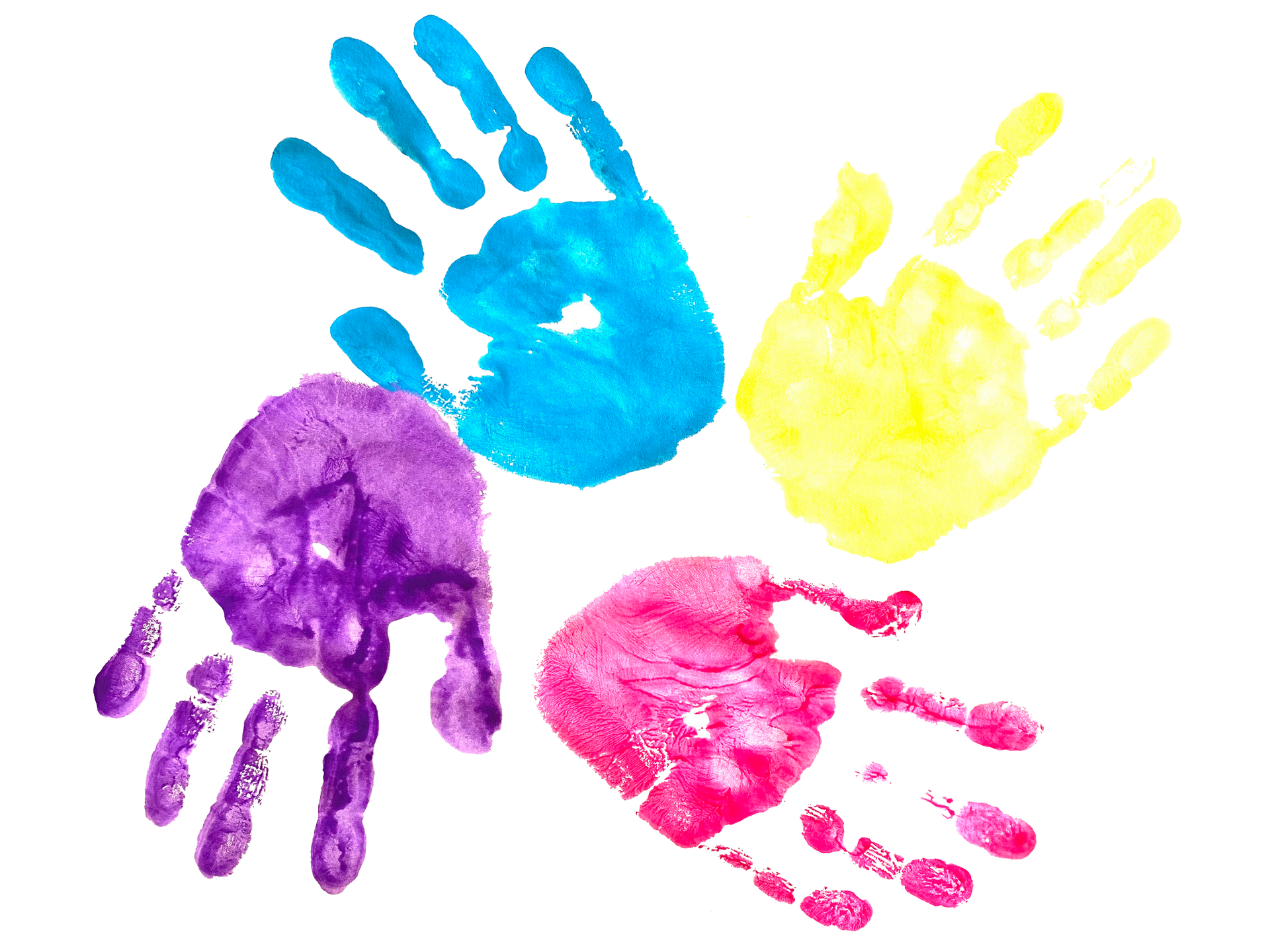 Four colorful handprints in blue, yellow, purple, and pink. Four colorful handprints in blue, yellow, purple, and pink.
