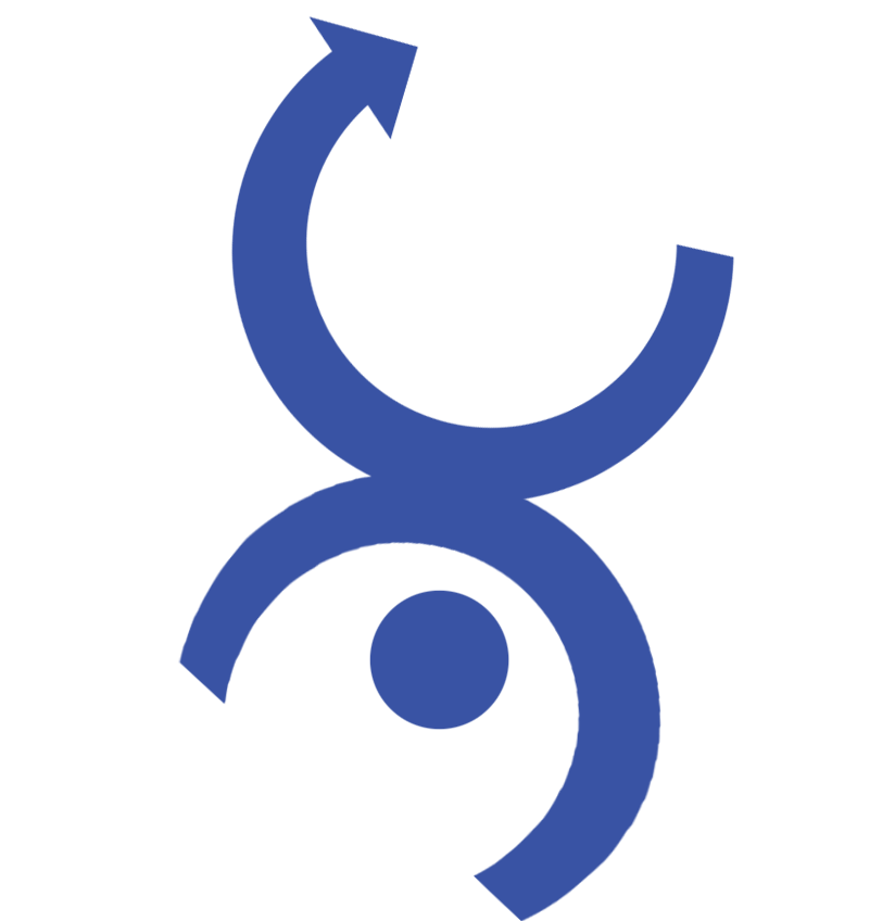 A blue symbol with an arrow pointing to a person 's head.