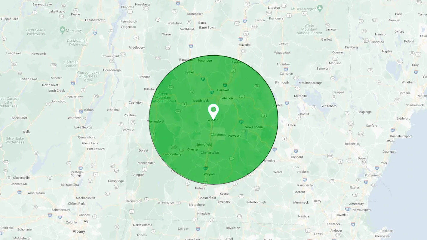 A map centered on a location marked by a green pin, with a green circle showing the surrounding area.
