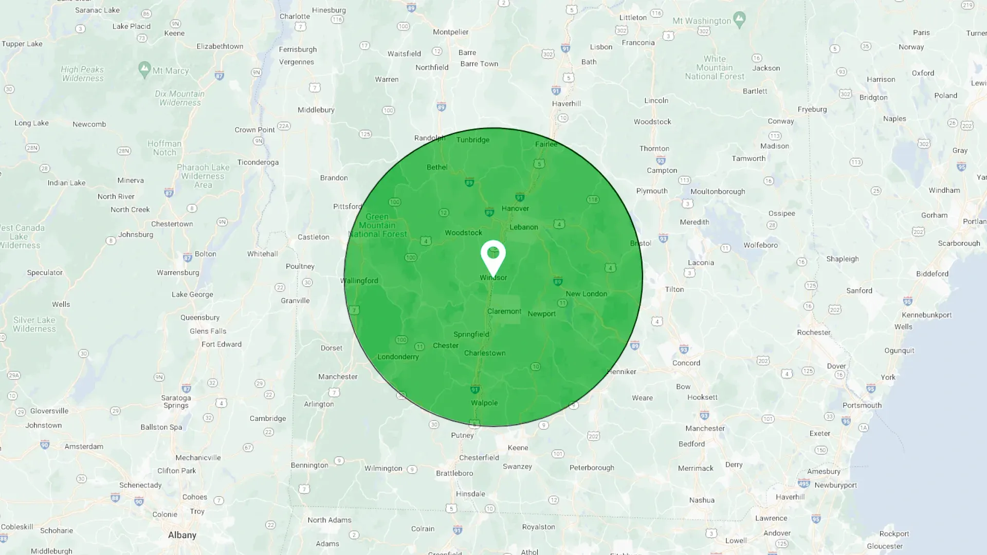 Map centered on a location, highlighted by a green circle.