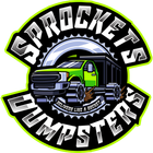 The logo for sprockets dumpsters shows a green dump truck.